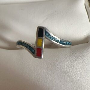 Sterling Silver Multicolor Wave Ring with Blue Inlay